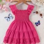 Girls Comfy Solid Ruffle Sleeve Square Neck Dress, Casual Dresses For Summer Holiday Party Gift - Image 5