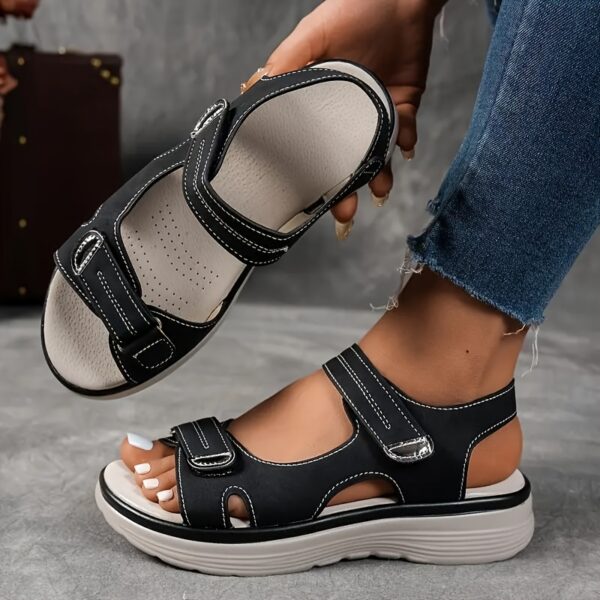 Women's Sandals Black, High-Quality PU Material with Adjustable Strap, Comfortable Thick Sole Summer Vacation Style, Beige/Black/Navy Beach Wear | Durable Synthetic Cover Shoes - Image 5