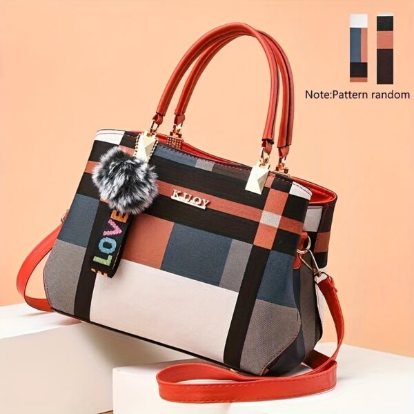 Plaid Decorated Women's Fashion Small Handbag with Ball Decoration Multi-Layer Mini Crossbody Bag Suitable for Date Party Student White Collar - Image 5