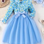 Elegant Floral Print Long Sleeve Dress with Belt - Mint Green Turned-Collar, Tulle Skirt, Perfect for Fall/Winter, Toddler Fashion, Toddler Fashion Outfit | Floral Print Dress | Glossy Fabric, Floral Print Blouse - Image 5