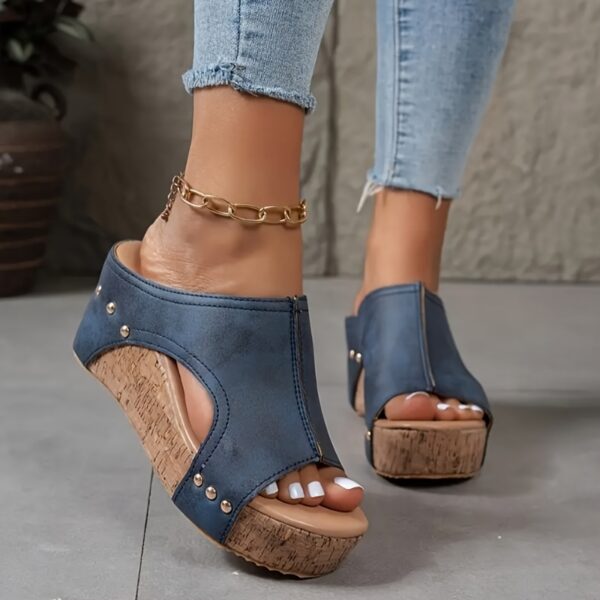 Women's Elegant Retro Mary Jane Wedge Sandals - Slip-On Thick Platform Heel with Metallic Studs & Adjustable Golden Chain Ankle Strap, Breathable PU Cover Open-Toe Summer Shoes in Black/Navy/Brown-Golden, Comfortable Footwear | Open Toe Design | Durable Footwear - Image 2