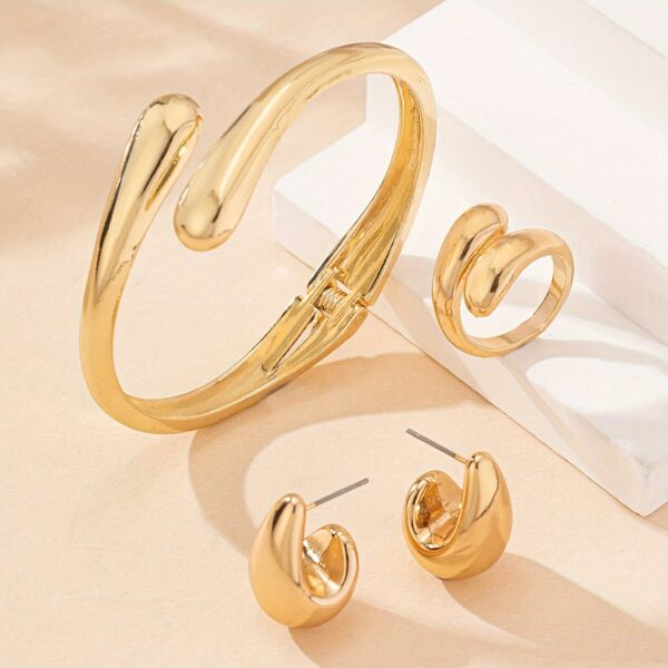 2pcs of Teardrop Earrings + 1pc of Bracelet + 1pc of Ring Geometric Teardrop Shape Women'S Jewelry Set Suitable for Daily Wear And Versatile Party Gifts - Image 3
