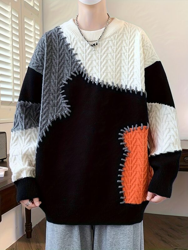 Men's Color-Block Cable Knit Sweater - Soft Warm All-Season Casual Pullover with Contrast Design, Machine Washable Regular Fit Round Neck Long Sleeve, Knitted Sweater, Durable Comfort Wear - Image 5