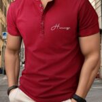 Trendy Letters Print Men's Athletic V-Neck Henley T-Shirt - Short Sleeve Casual Workout Top For Spring Summer Fitness Holiday - Image 3