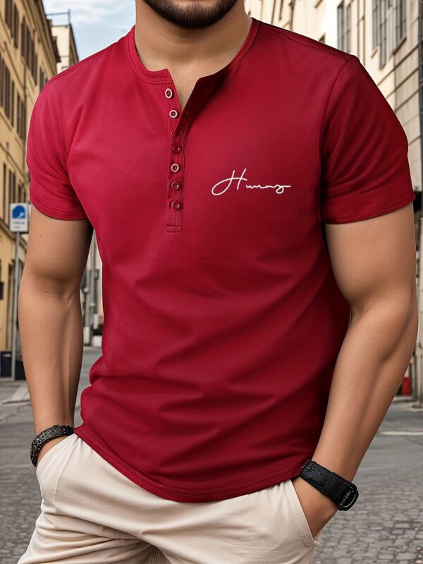 Trendy Letters Print Men's Athletic V-Neck Henley T-Shirt - Short Sleeve Casual Workout Top For Spring Summer Fitness Holiday - Image 3