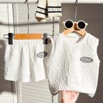2pcs Set of Baby Boys' Casual Sports Cutout Letter Pattern Fabric Vest And Shorts, Summer Wear Suitable for Outdoor Activities