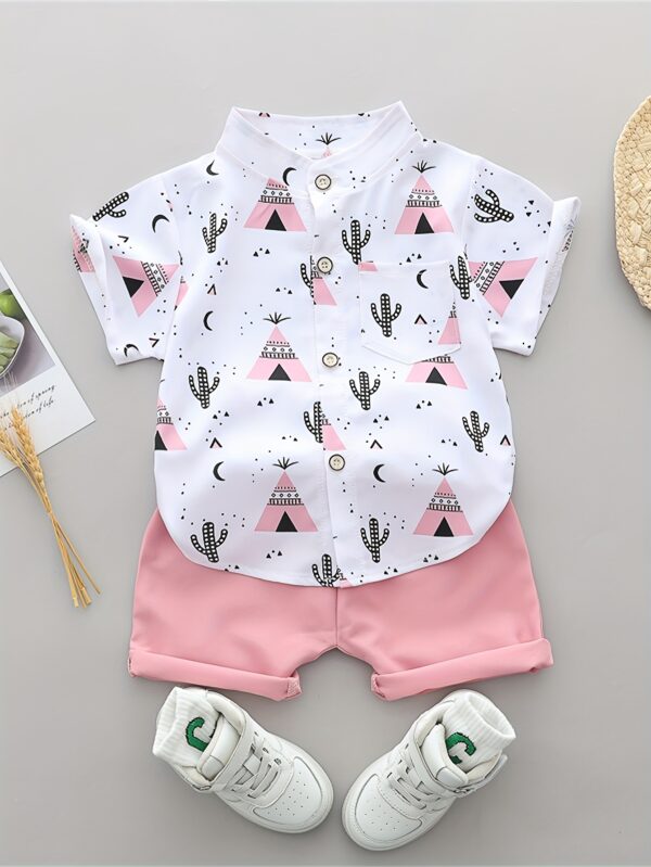 Men'S Infant Summer Graphic Tee and Shorts Set - Casual, Non-Stretch, Short Sleeve Shirt with Pyramid and Cactus Print, Light Blue Shorts, White Sneakers, Casual Summer Outfit for Little Boys, Casual Summer Outfit|Playful Print Design|Comfortable Fit, Baby Clothes, for Outdoor - Image 4