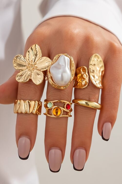 6pcs set of fashionable and flower-set Rhinestone rings, metal geometric irregular opening ring sets suitable for parties and gifts for friends