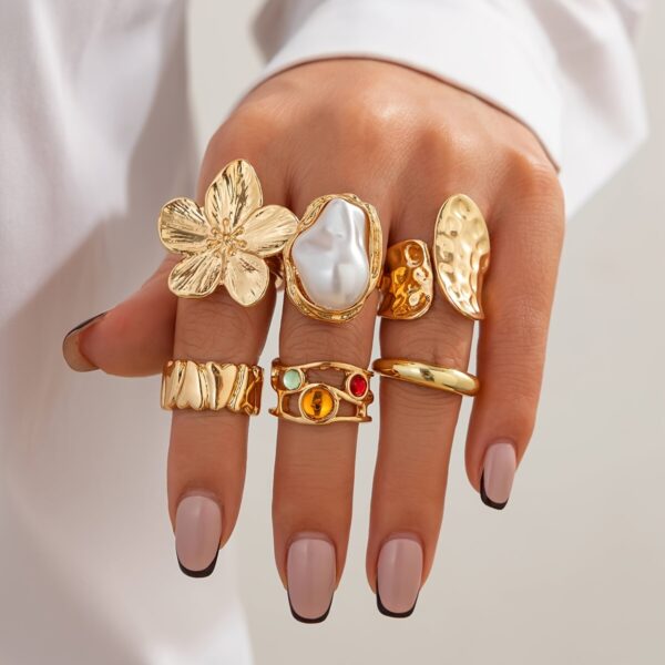 6pcs set of fashionable and flower-set Rhinestone rings, metal geometric irregular opening ring sets suitable for parties and gifts for friends