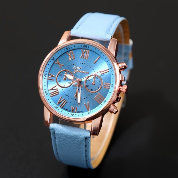 1pc Set of Fashionable Women'S Sky Blue Roman Quartz UP Faux Leather Watch And 5pcs of Heart Sky Blue Accessories Set. Eid, Valentine'S Day, Easter Gift for Mom - Image 2