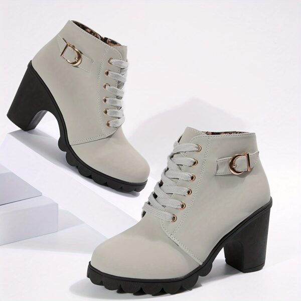 Women's Chunky Heel Short Boots, Fashion Lace Up Side Zipper Boots, Comfortable Ankle Boots - Image 8