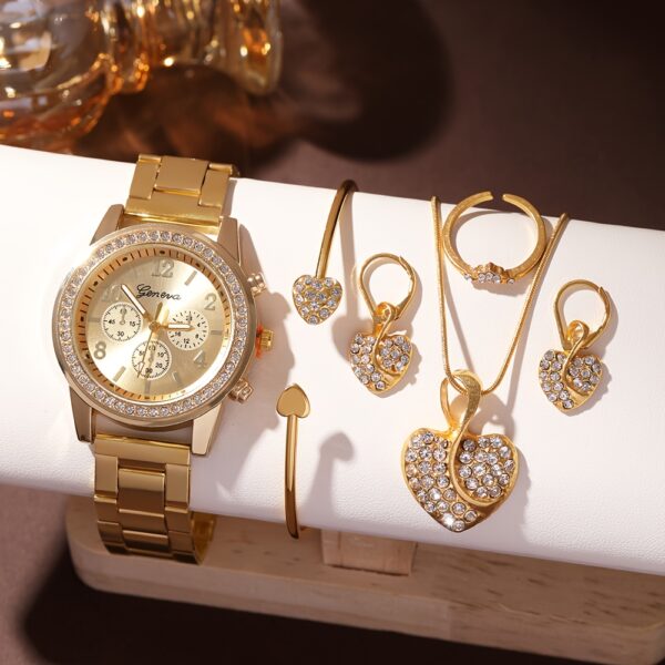 6pcs Elegant Women's Quartz Watch Set with Heart-Shaped Jewelry, Perfect Gift for Ladies, Non-Adjustable Alloy Strap, Classic Bar Markers Round Dial, Ideal Gift for Sisters and Mothers, Suitable for Ramadan or Casual Attire, No Packaging Box Included, Middle East Special Edition - Image 17