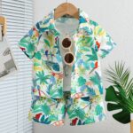 Boys' Summer Casual Outfit: White Leaf Print Short Sleeve Shirt and Comfortable Shorts Set, Polyester, Non-Stretch Fabric - Ideal for Outdoor Activities, Tree Leaf, Suitable, Leisure Style, Conventional Version, Summer, Perfect for Outdoor
