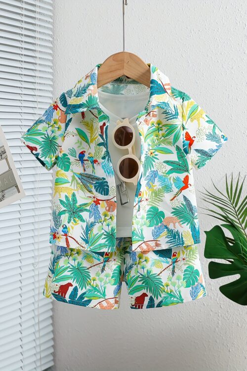 Boys’ Summer Casual Outfit: White Leaf Print Short Sleeve Shirt and Comfortable Shorts Set, Polyester, Non-Stretch Fabric – Ideal for Outdoor Activities, Tree Leaf, Suitable, Leisure Style, Conventional Version, Summer, Perfect for Outdoor