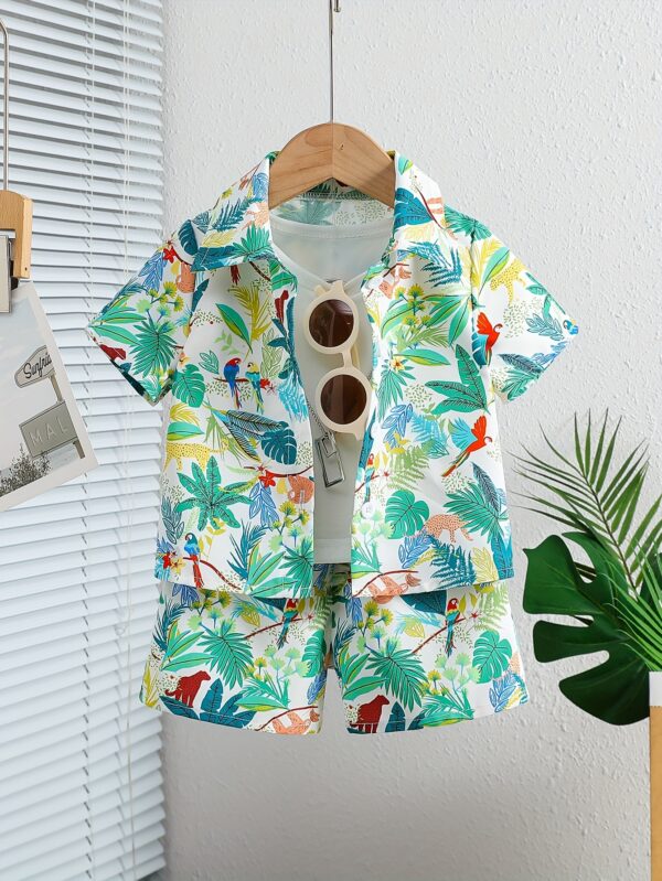 Boys' Summer Casual Outfit: White Leaf Print Short Sleeve Shirt and Comfortable Shorts Set, Polyester, Non-Stretch Fabric - Ideal for Outdoor Activities, Tree Leaf, Suitable, Leisure Style, Conventional Version, Summer, Perfect for Outdoor