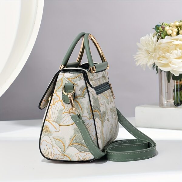 Floral Embroidered Crossbody Bag, Large Capacity with Zipper Closure, Polyester Lined, Versatile Commuter Handbag, Luxurious & Fashionable Design, Edge Paint Detail - Available in Black, Beige, Pink, Khaki, Green - Image 2