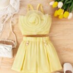 Little Girl's Sweet & Trendy 3D Rose Floral Camisole + Shorts 2-piece Set Party Summer Outdoor Activities - Image 2