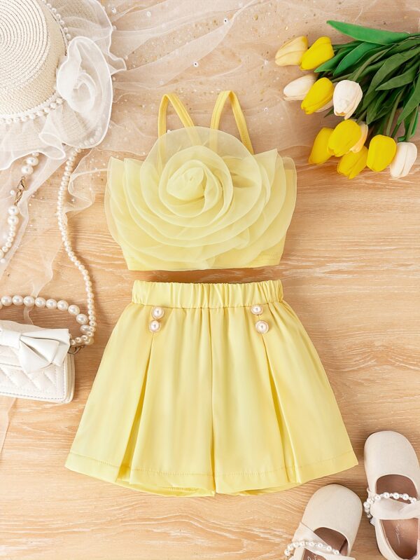 Little Girl's Sweet & Trendy 3D Rose Floral Camisole + Shorts 2-piece Set Party Summer Outdoor Activities - Image 2