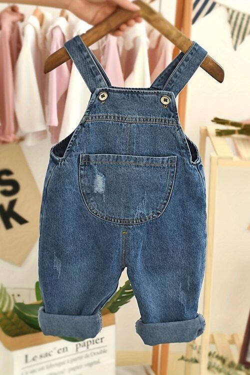 Kids’ Denim Overalls – Cartoon Design, Long Sleeve, Pockets, Adjustable Straps, Loose Fit for Boys, Spring/Fall Casual Wear, for Outdoor