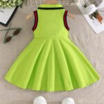 Toddler Sleeveless A-Line Dress - Vibrant Green with Black & White Striped Design, Button-Up Collar, Perfect for Summer Outdoor Activities, Youngsters' Fashion, Casual Wear|Sporty Style|Strapless Design, Youngsters Dress - Image 6