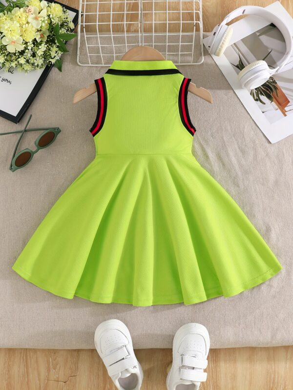 Toddler Sleeveless A-Line Dress - Vibrant Green with Black & White Striped Design, Button-Up Collar, Perfect for Summer Outdoor Activities, Youngsters' Fashion, Casual Wear|Sporty Style|Strapless Design, Youngsters Dress - Image 6