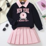 Two-piece Set for Girls: Fashionable Letter Random Print with Turnover Collar Regular Long Sleeve Top + Pleated Edge Solid Color Regular Short Skirt Length and Thigh Spring and Autumn Casual Half Skirt Set