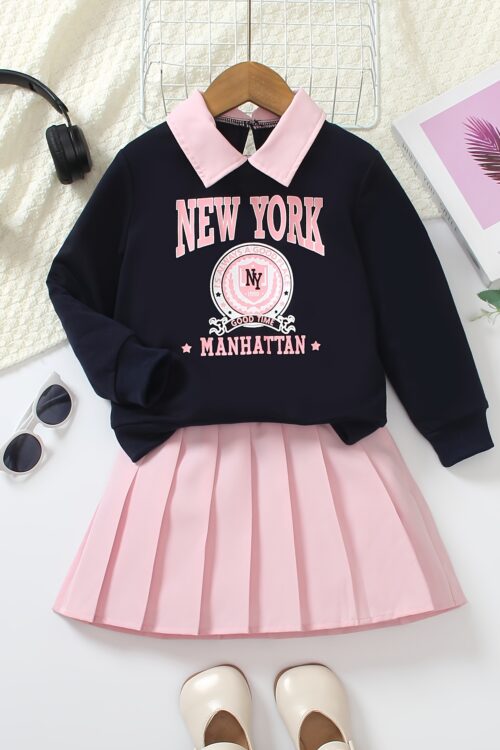 Two-piece Set for Girls: Fashionable Letter Random Print with Turnover Collar Regular Long Sleeve Top + Pleated Edge Solid Color Regular Short Skirt Length and Thigh Spring and Autumn Casual Half Skirt Set