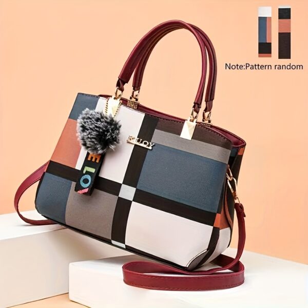 Plaid Decorated Women's Fashion Small Handbag with Ball Decoration Multi-Layer Mini Crossbody Bag Suitable for Date Party Student White Collar - Image 9