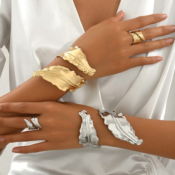 Luxurious Vintage-Inspired Leaf Spiral Wrap Open Bangle & Ring Set - 2pcs Fashion Jewelry for Women, Perfect for Everyday & Party Wear