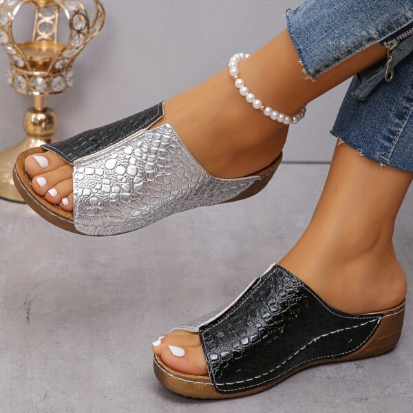 Women's Two Tone Wedge Slide Sandals, Crocodile Pattern Peep Toe Slip On Shoes, Comfy Soft Sole Slide Shoes - Image 8