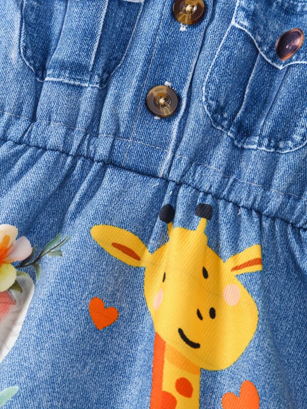 A Cute Sleeveless Dress for Baby Girls Featuring a Shirt Collar, Print Faux Denim, And Animal-Themed Designs, Perfect for Summer. - Image 5