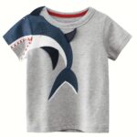 4pcs Cute Cartoon Shark And Dinosaur Print Boys Comfy T-Shirt, Cool, Versatile & Smart Short Sleeve Tee - Image 3