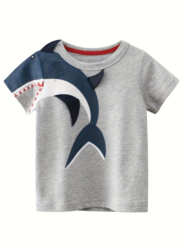 4pcs Cute Cartoon Shark And Dinosaur Print Boys Comfy T-Shirt, Cool, Versatile & Smart Short Sleeve Tee - Image 3