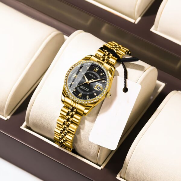 KASRLUO Women's Stainless Steel Quartz Watch with Luminous Rhinestone Date Display, Blue Dial & Golden-Tone Band - Elegant Business Style, Casual Elegance | Elegant Timepiece | Luminous Dial - Image 6
