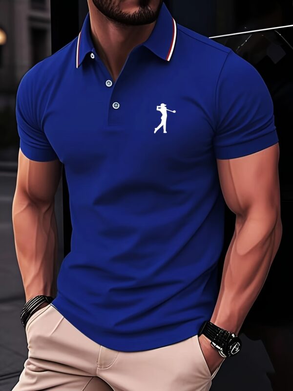 Men's Short Sleeve Shirt - White with Red Golf Print, Striped Collar & Cuffs, Breathable Summer Golf & Casual Wear, Machine Washable Regular Fit, Durable Fabric - Image 4