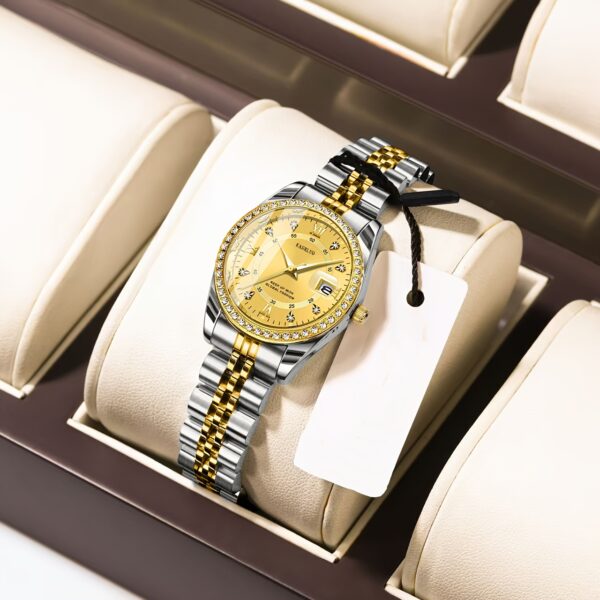 KASRLUO Women's Stainless Steel Quartz Watch with Luminous Rhinestone Date Display, Blue Dial & Golden-Tone Band - Elegant Business Style, Casual Elegance | Elegant Timepiece | Luminous Dial - Image 11