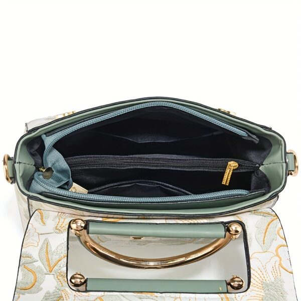 Floral Embroidered Crossbody Bag, Large Capacity with Zipper Closure, Polyester Lined, Versatile Commuter Handbag, Luxurious & Fashionable Design, Edge Paint Detail - Available in Black, Beige, Pink, Khaki, Green - Image 6