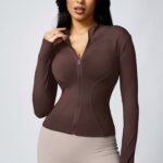 High-Elasticity Slim-Fit Yoga Top - Stand Collar Zipper Front Long Sleeve Workout Shirt, Peach Solid Color Non-See-Through Fabric for Yoga, Gym & Casual Wear, Machine Washable, Formfitting Design, Highelasticity Material - Image 7