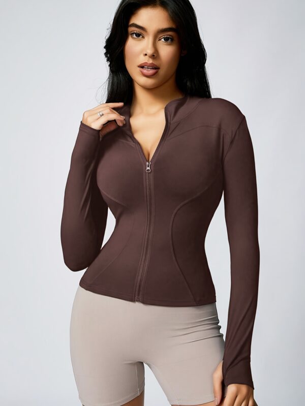High-Elasticity Slim-Fit Yoga Top - Stand Collar Zipper Front Long Sleeve Workout Shirt, Peach Solid Color Non-See-Through Fabric for Yoga, Gym & Casual Wear, Machine Washable, Formfitting Design, Highelasticity Material - Image 7