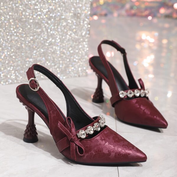 Elegant French-Inspired Pointed Toe Stiletto Sandals for Women - Summer High Heels with Ankle Strap, Rhinestone Embellishments & Bow Detail, Red & Black, Faux Cover, Perfect for Casual or Formal Occasions, Stiletto Heels - Image 5