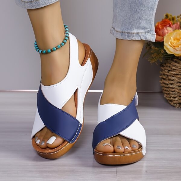 Women's Two-Tone Wedge Sandals - Open Toe, Chunky Heel, Faux Cover with Metallic Buckle Strap, Perfect for Beach, Party & Casual Outings, Beachwear Shoes | Durable Tpr Sole, Ladies Sandals - Image 7