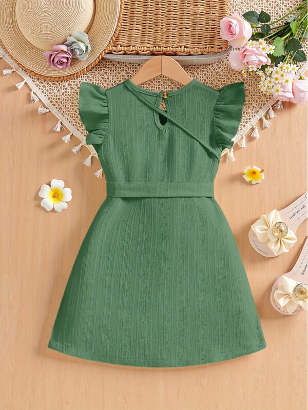 Elegant Green Ruffled Sleeve Dress for Girls with Bow Detail & Button Accents - Crew Neck, Non-Stretch Polyester, Machine Washable - Perfect for Summer Parties & Casual Outings, Girls Long Sleeve Dresses - Image 4