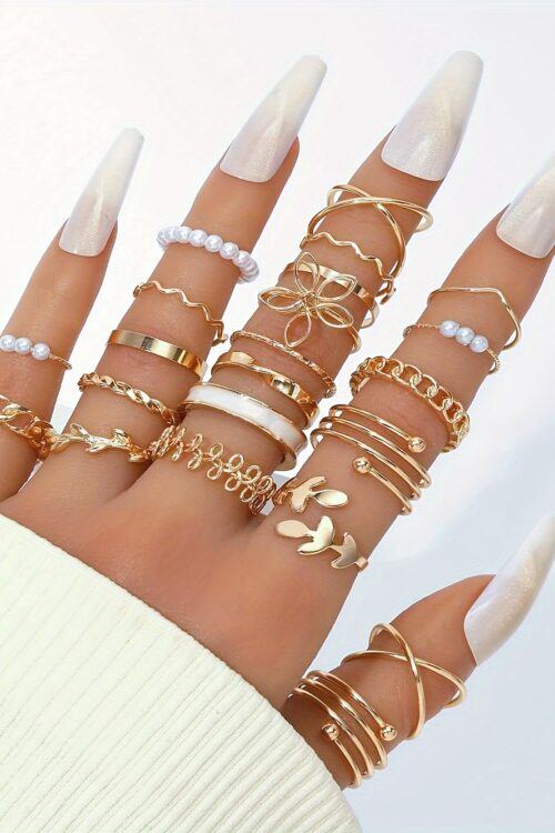 22-Piece Fashion Stackable Rings Set, Vintage Punk Style, Faux Pearl Inlays, Versatile for Daily Wear, Parties, Casual Vacation, Perfect Gift for Women, Zinc Alloy, Heart Theme, All-Season Accessory