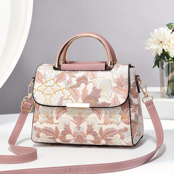 Elegant Floral Print Women's Handbag - Stylish Crossbody Bag with Golden-Tone Hardware, White Base & Black/Beige Floral Pattern, Lightweight & Spacious for Everyday Use - Image 6