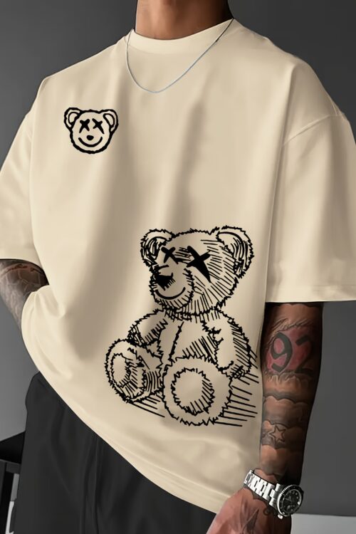 Men’s Casual Bear Graphic Tee – Soft Polyester, Crew Neck, Short Sleeve, Summer Fashion T-Shirt