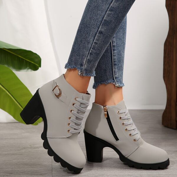 Women's Chunky Heel Short Boots, Fashion Lace Up Side Zipper Boots, Comfortable Ankle Boots - Image 9