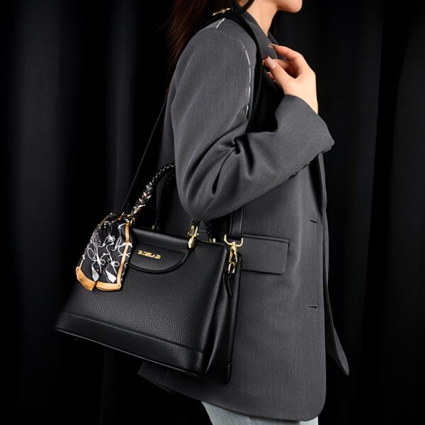 Elegant Women's Shoulder letter Bag - Chic Solid Color, Large Capacity with Scarf Accent, Adjustable Strap, Secure Zip Closure - Image 10