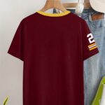 Women's V-Neck Short Sleeve Casual Letter & Number Print Loose Comfort Fashion T-Shirt - Maroon with Golden Accents, Lightweight Polyester, Perfect for Summer Style, Summer Tshirt | Casual Fashion | Polyester Fabric, Ladies T Shirts - Image 2