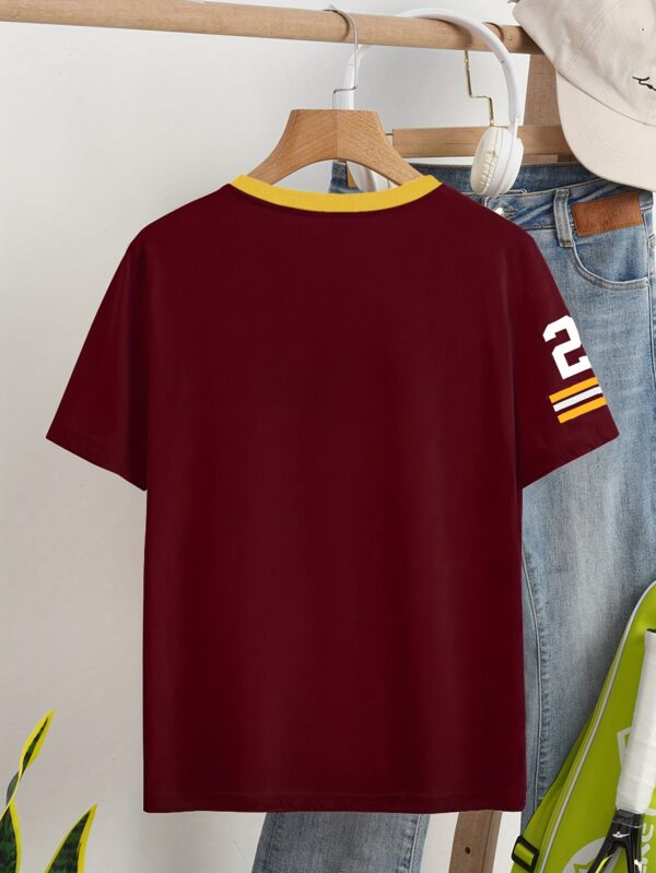 Women's V-Neck Short Sleeve Casual Letter & Number Print Loose Comfort Fashion T-Shirt - Maroon with Golden Accents, Lightweight Polyester, Perfect for Summer Style, Summer Tshirt | Casual Fashion | Polyester Fabric, Ladies T Shirts - Image 2