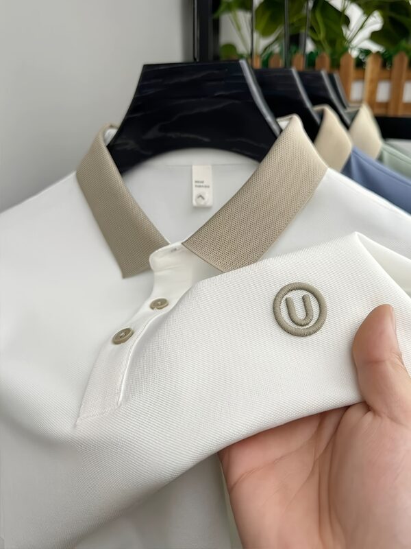 Men's Stylish Embroidered Shirt - Casual Short Sleeve, Button-Up Collar, White with Gray Collar & Cuff Accents, Soft Polyester Fabric, Perfect for Golf or Casual Attire, Golf Shirt | Embroidered Collar Detail | Smooth Texture - Image 2